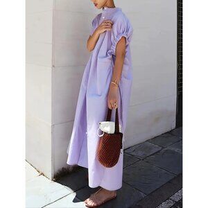 4XL Ruched Sleeve Lavender Button-Down Casual Dress